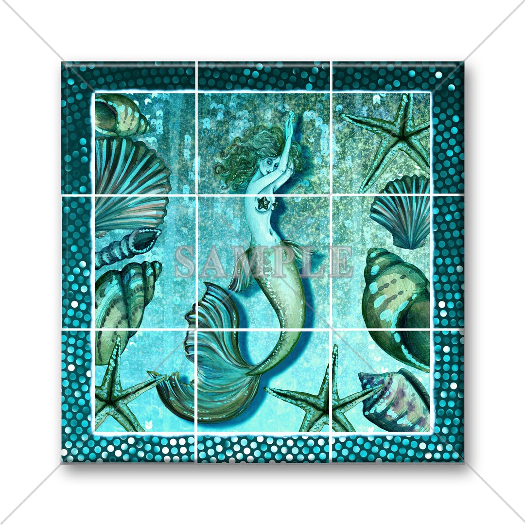 Ceramic Tile Mural Ceramic Tile Mural Mermaid Shells Water Teal Decor