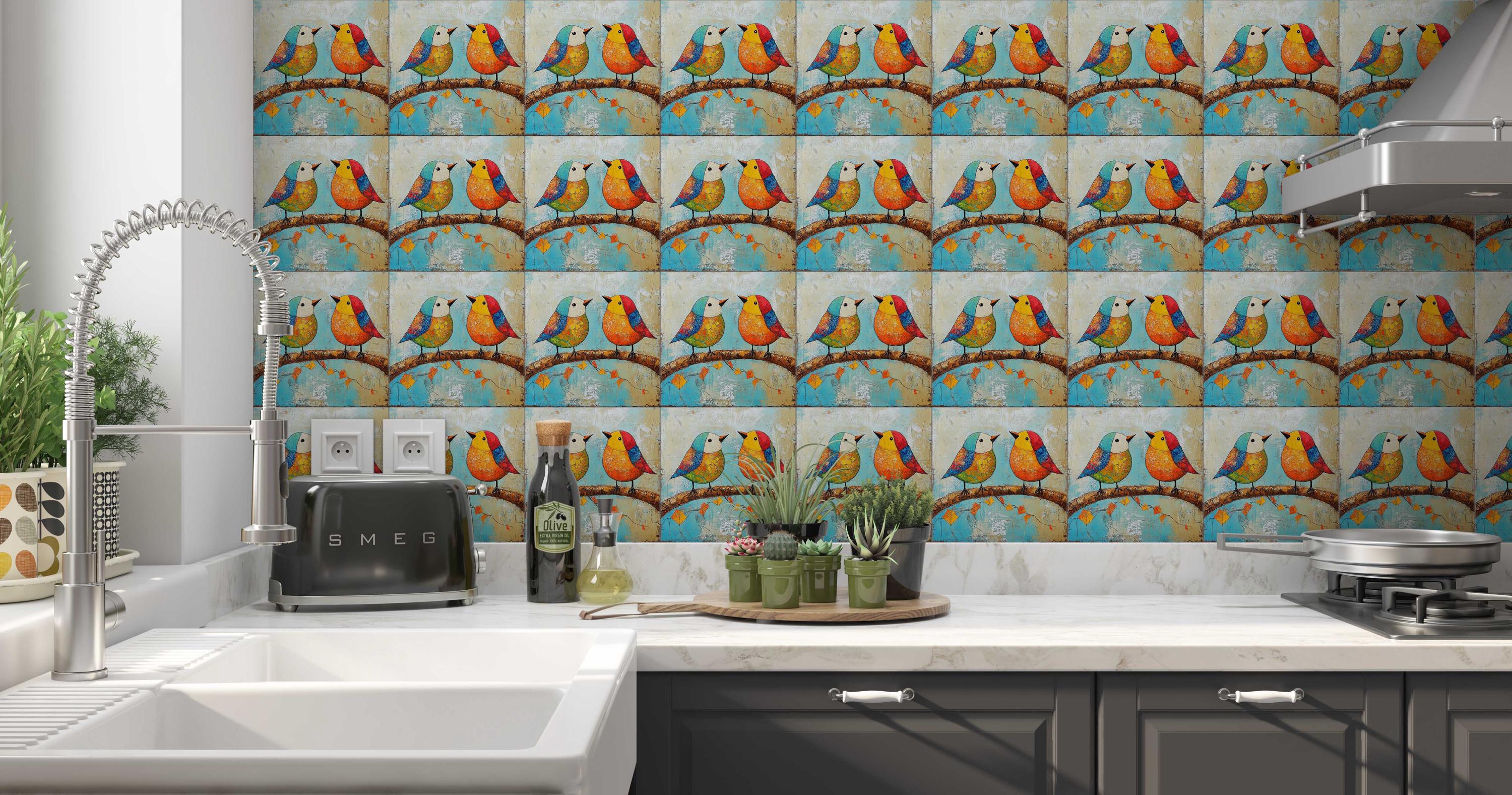 Patterned Bird Ceramic Tile - Mixed Bright Colors Design Wall Tiles ...