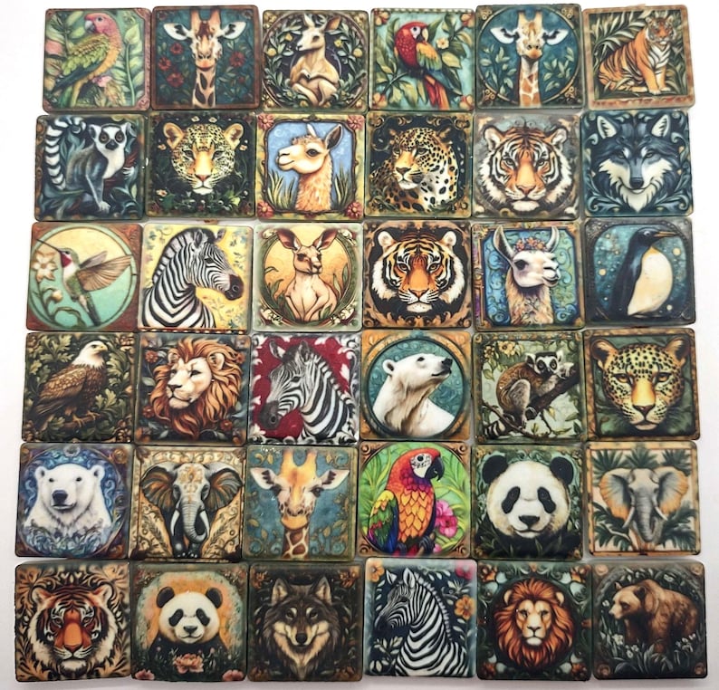 May include: A collection of thirty-six square tiles featuring detailed illustrations of various animals including tigers, lions, pandas, giraffes, zebras, elephants, wolves, polar bears, leopards, parrots, and eagles in a grid arrangement.