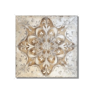 May include: Square wall art featuring a symmetrical floral design in shades of beige, brown, and white. The artwork has a distressed, aged appearance, with a central flower and ornate leaf patterns.
