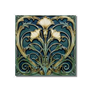 Blue Green Ceramic Tile Art Deco - Art Nouveau Design Blue Green Cream Unique Kitchen Backsplash Tile Bathroom Tile - Antique Design Tile