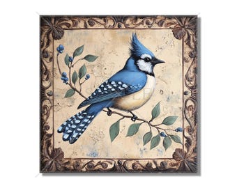 May include: A blue jay bird with a crest on its head is perched on a branch with green leaves and blue berries. The bird is painted in a realistic style and is set against a cream background with a decorative brown frame.