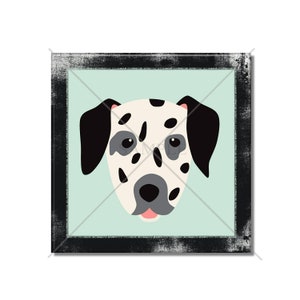 May include: A black and white Dalmatian dog with a gray nose and pink tongue is featured in a framed illustration. The background is a light blue color.