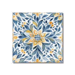 May include: A square, blue and yellow floral pattern with a white background. The pattern is symmetrical and features a large, yellow flower in the center.
