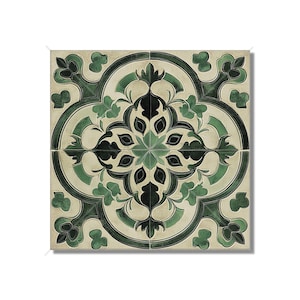 May include: Square ceramic tile with a repeating floral pattern in shades of green and black on a cream background. The design features stylized leaves and geometric shapes, creating a symmetrical and decorative look.