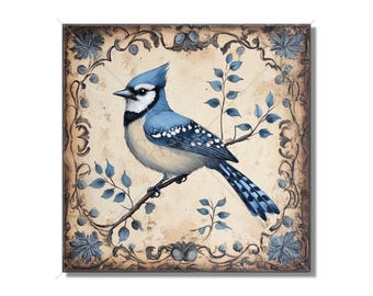 May include: A blue jay bird with a white chest and black head perched on a branch with blue leaves. The bird is surrounded by a decorative frame with brown and blue accents.