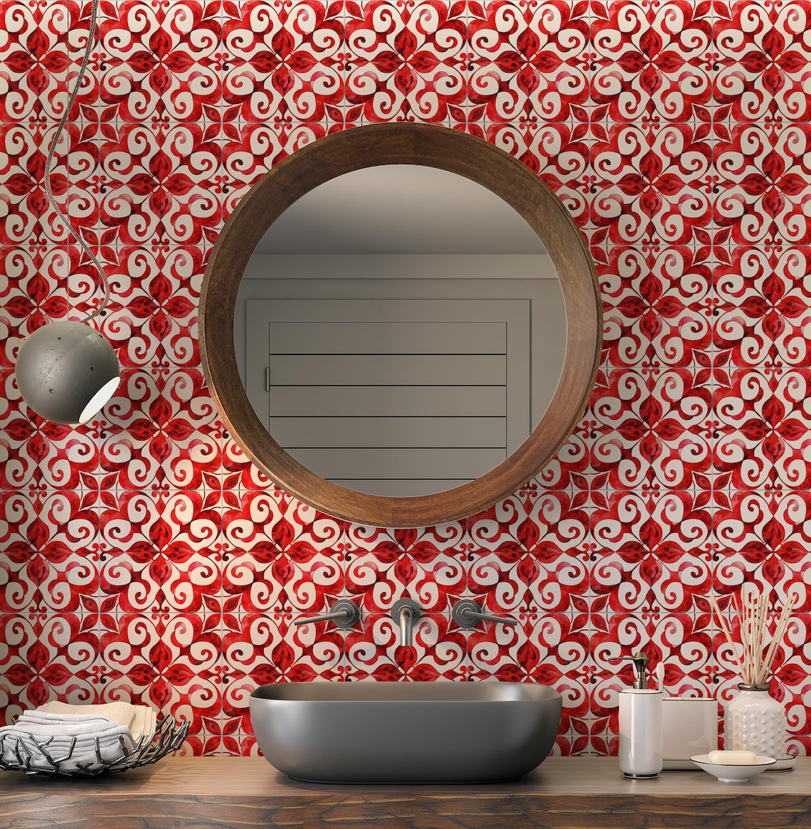 Red Ceramic Pattern Red Patterned Ceramic Tile - Red Kitchen Backsplash Tile - Vintage ...