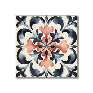 May include: A square tile with a blue and coral floral pattern. The tile has a white background and features a symmetrical design with intricate details.