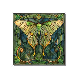 May include: Stained glass panel featuring a large butterfly with green and yellow wings, set against a blue and green background. The butterfly is surrounded by green leaves and floral designs, creating a nature-inspired artwork.
