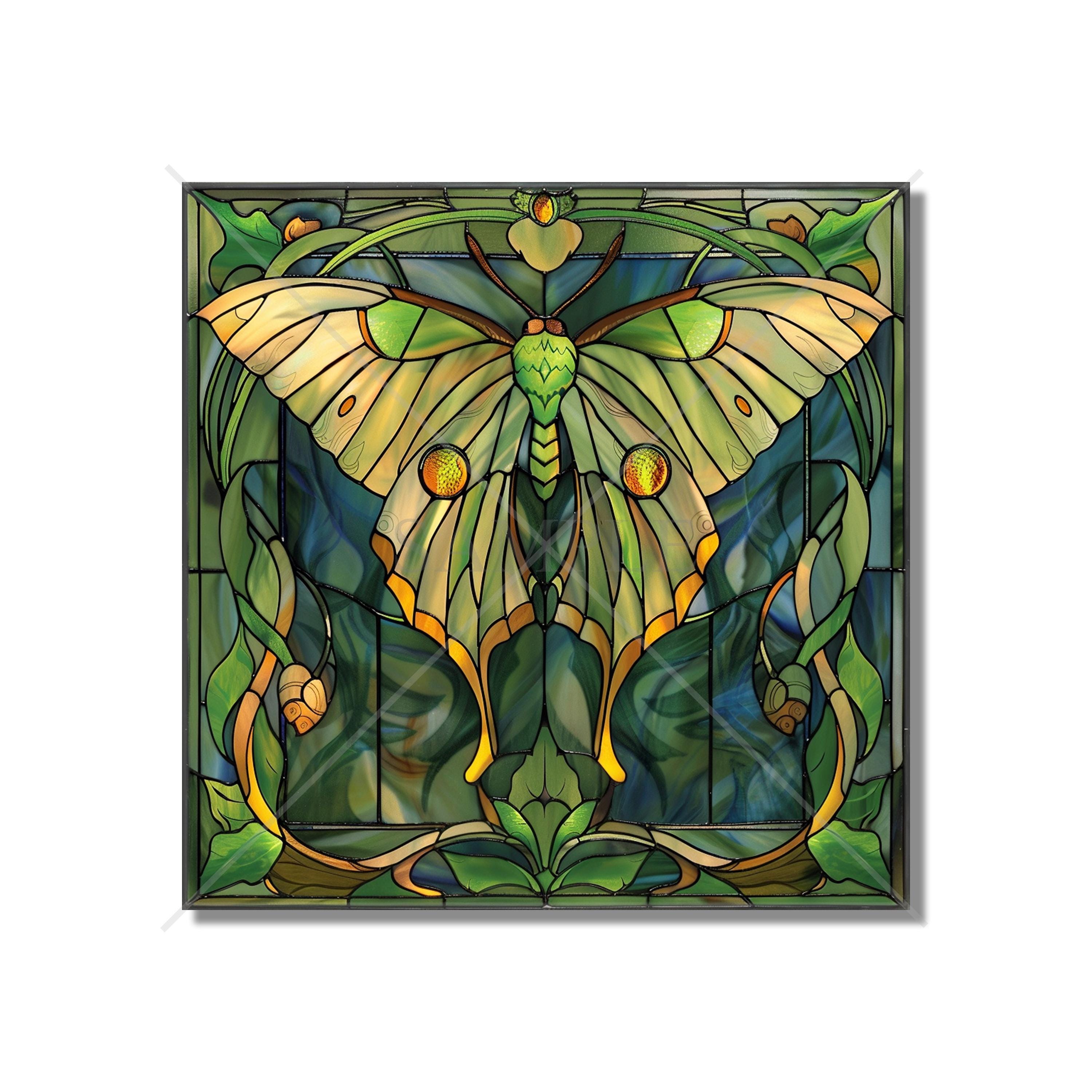 Ceramic Tile Green Luna Moth Stained Glass Design - Kitchen Backsplash Tile - Unique Bathroom Accent Tile - Unique Tile Backsplash