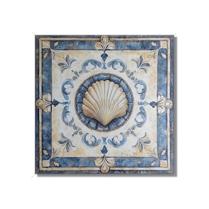 May include: Square tile with a seashell design. The tile features a central beige seashell within a blue circle, surrounded by ornate blue and beige floral patterns. The border is a darker blue.