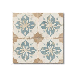 May include: Four square ceramic tiles with a floral design. Each tile features a light blue and beige flower pattern on a white background, set against a beige square. The tiles are arranged in a 2x2 grid.