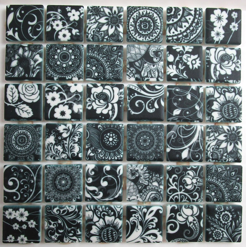 Ceramic Mosaic Tiles Black and White Floral Boho Medallions Etsy