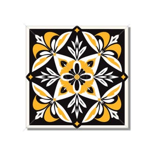 May include: A black and yellow square tile with a floral pattern. The tile has a white border and a black background with yellow and white floral designs.