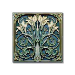 Blue Green Ceramic Tile Art Deco - Art Nouveau Design Blue Green Cream Unique Kitchen Backsplash Tile Bathroom Tile - Antique Design Tile
