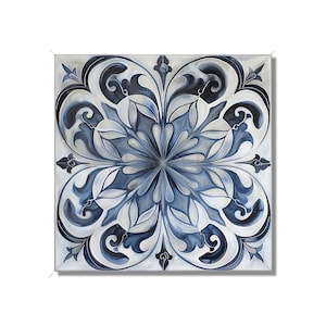 May include: A square tile with a blue and white floral design. The design is intricate and symmetrical, with a central flower surrounded by swirling leaves and vines.
