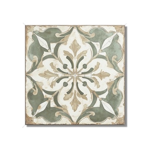 May include: A square ceramic tile with a distressed, vintage look. The tile features a floral pattern in shades of green and beige.