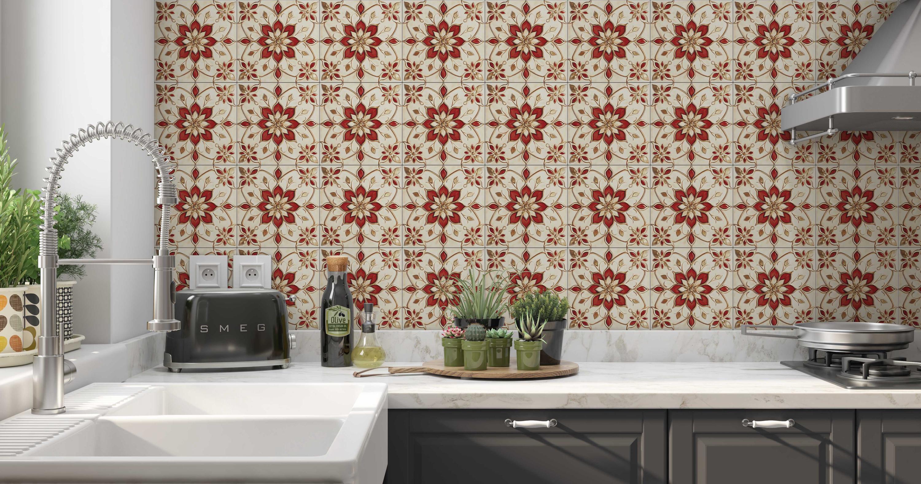 Red Cream Patterned Ceramic Tile - Unique Red Kitchen Backsplash Tiles ...