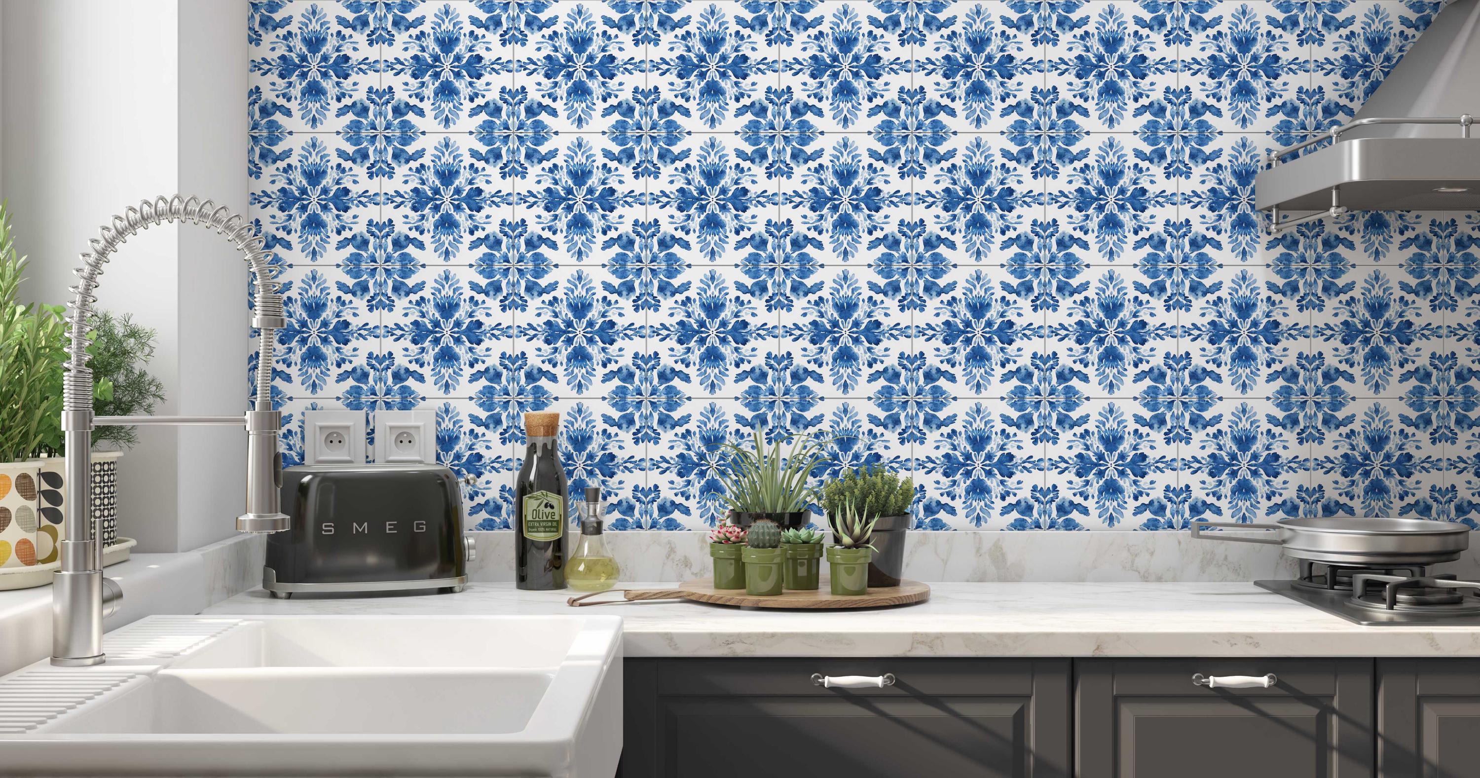 Blue and White Ceramic Tile - Vintage Floral Tile Design - Blue Kitchen ...