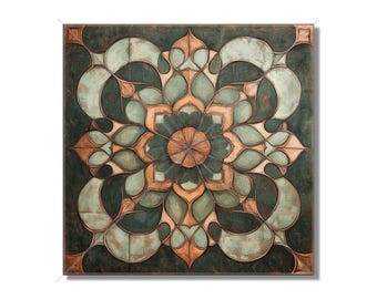 Könnte beinhalten: Ein quadratisches Wandbild mit einem geometrischen Design in Grün-, Braun- und Beigetönen. Das Design zeigt ein zentrales blumenartiges Motiv mit komplizierten Mustern und Kurven.