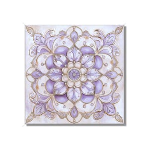 May include: Square wall art featuring a symmetrical floral design. The artwork showcases a central flower with layered petals in shades of lavender and cream, accented by gold-colored outlines and details. The background is a soft, off-white color.
