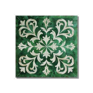 May include: A square green and white floral pattern with a white background and a green floral design.