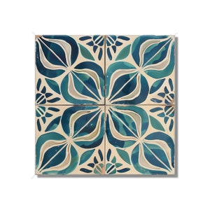 May include: Four square ceramic tiles with a blue and white floral pattern. The tiles are arranged in a square pattern, with each tile featuring a stylized flower design.