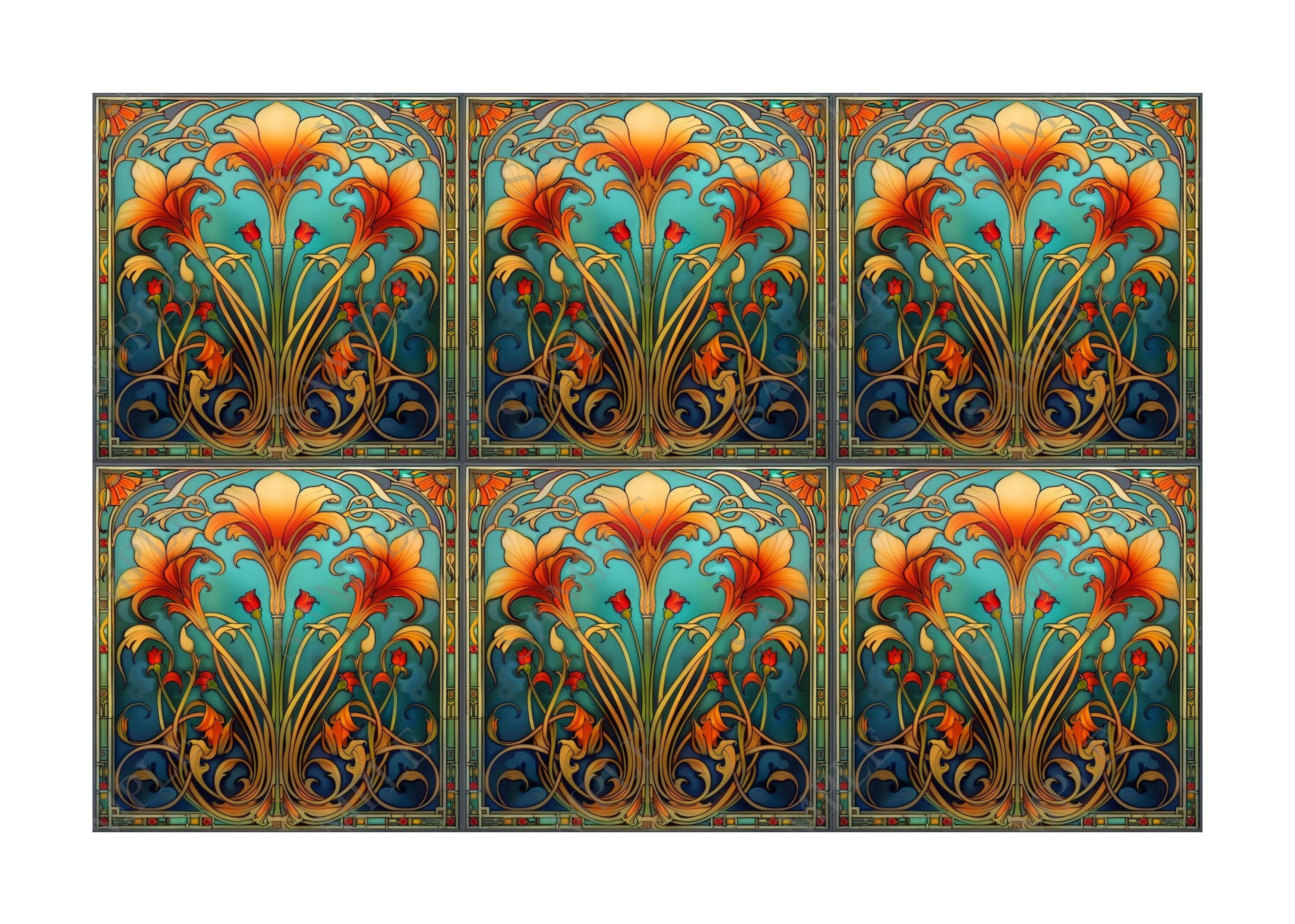 アンティーク 花模様 パネル　1945mm×1350mm Vintage Art Nouveau Floral Design Ceramic Tile Blue Red Gold