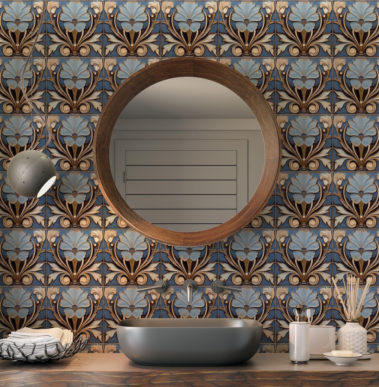 Blue and Brown Ceramic Tile Vintage Art Nouveau Design Blue and Brown