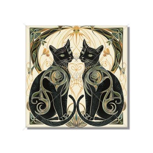 May include: Two black cats facing each other in a symmetrical design. The cats are outlined in black and filled with a green and gold pattern. The background is a cream color.
