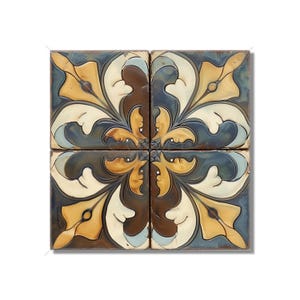 Ceramic Tile Kitchen Backsplash Tile - Blue Gold Decorative Medallion Art Nouveau Design Bathroom Tile Antique Reproduction Tile