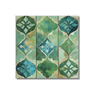 May include: A square canvas print with a geometric pattern of green and blue tiles. The tiles have a distressed look and feature intricate floral designs.