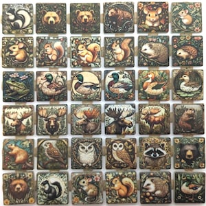 May include: A collection of square tiles featuring detailed illustrations of various forest animals, including bears, squirrels, ducks, and owls. Each tile has a decorative border with floral elements, creating a cohesive and artistic display.