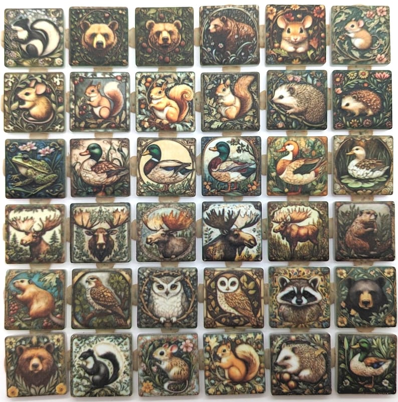 May include: A collection of square tiles featuring detailed illustrations of various forest animals, including bears, squirrels, ducks, and owls. Each tile has a decorative border with floral elements, creating a cohesive and artistic display.