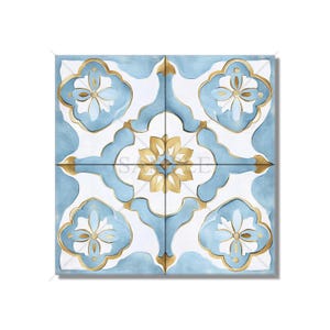 May include: A square tile with a blue and gold geometric pattern. The tile features a central flower design with four smaller flower designs in the corners.