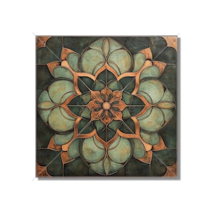 May include: A square canvas print with a geometric design featuring a copper-colored mandala with green and blue accents.