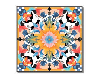 May include: A colorful square tile with a floral pattern. The tile features a central flower with yellow, pink, and blue petals, surrounded by swirling blue, green, and red leaves. The background is a black and white checkered pattern.