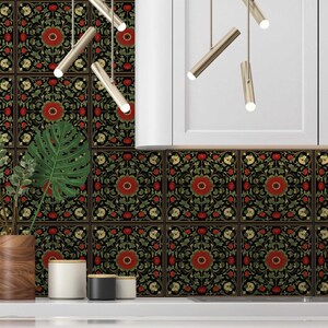 Red and Green Floral Ceramic Tile - Vintage French Floral Design Tile ...