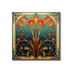 Vintage Art Nouveau Floral Design Ceramic Tile Blue Red Gold Kitchen Backsplash Tile Bathroom Tile Antique Design Tile - Free Shipping