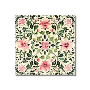 May include: A square pattern of pink flowers and green leaves on a cream background. The design is symmetrical and features intricate details.