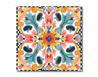 May include: A colorful, symmetrical tile design with a white background. The tile features a central floral motif with blue, yellow, orange, and pink petals. The design is surrounded by a black and white checkered border.