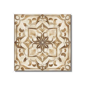 May include: Square tile with a symmetrical floral design in shades of brown and cream. The central motif is an eight-pointed star, surrounded by ornate, repeating patterns. The tile has a slightly aged appearance, suggesting a vintage or antique style.