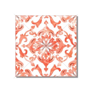 May include: A square tile with a white background and a repeating pattern of coral-colored floral designs. The center of the tile features a larger, more intricate floral design.