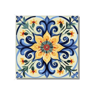 Multi Colored Italian Design Ceramic Tile - Blue Yellow Kitchen Tile - Floral Backsplash Tile - Bathroom Tile - Multi Colored Fireplace Tile