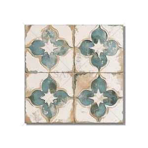 May include: Four square ceramic tiles with a distressed white background and a blue floral pattern. Each tile features a white star in the center of the flower.