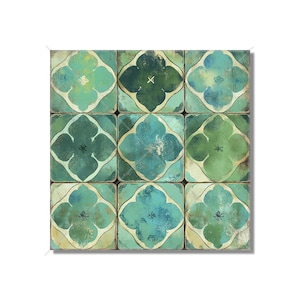 May include: A square tile design with nine green and blue tiles. Each tile has a stylized floral pattern in the center.