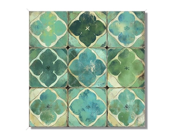 Puede incluir: Un diseño de azulejos cuadrados con nueve azulejos verdes y azules. Cada azulejo tiene un patrón floral estilizado en el centro.
