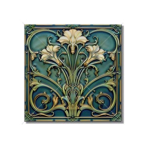 Blue Green Ceramic Tile Art Deco - Art Nouveau Design Blue Green Cream Unique Kitchen Backsplash Tile Bathroom Tile - Antique Design Tile