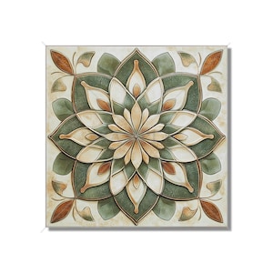 May include: A square tile with a green, brown, and white mandala design. The mandala has a central flower with eight petals and is surrounded by a ring of leaves.