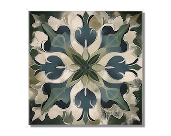 May include: A square tile with a geometric pattern in shades of green and white. The pattern is symmetrical and features a central flower-like design.